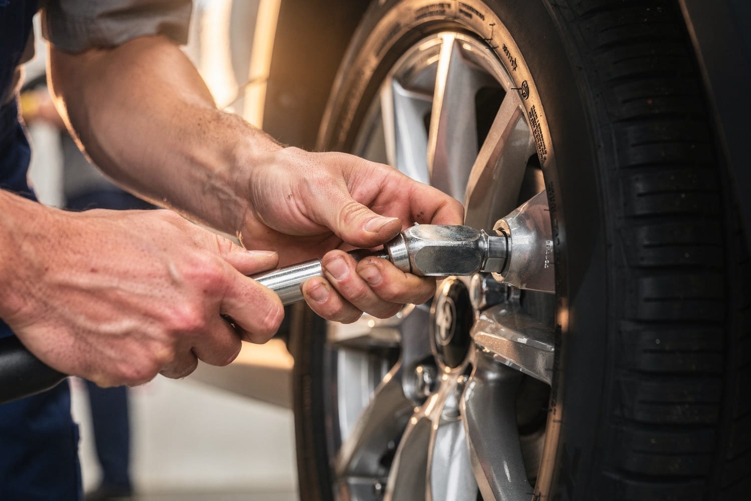 A wheel being hand-torqued on a fresh tire at El Primo